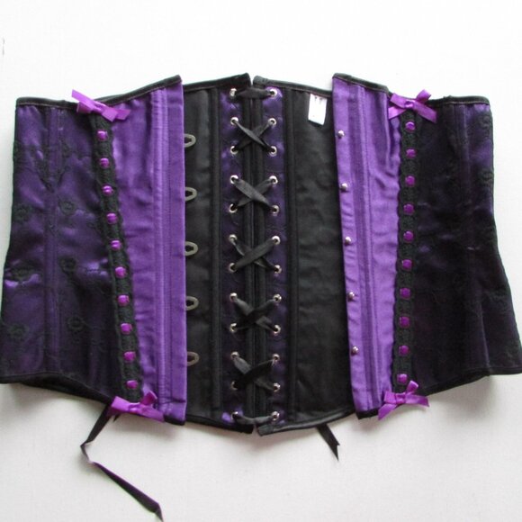 Purple Satin Black Lace Underbust Waist Cincher Corset Set - NEW - Picture 8 of 10
